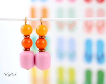 Retro MCM Earring Dangle Light Orange Tangerine & Pink Vintage German Plastic Beads Drops 29mm Mid Century Modern Charms - 2