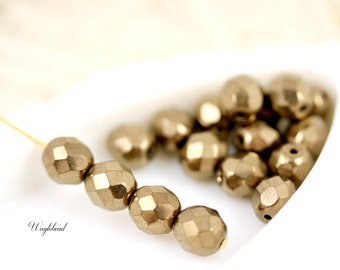 Dark Gold 8mm Round Czech Fire Polished Faceted Glass Beads - 20