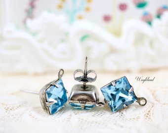 Aquamarine Antiqued Silver Plated Square Ear Studs with Loop Glass Stones 8x8mm Earring Posts Loop - 1 Pair