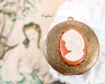 Cream & Coral Orange Oval Cabochon 38mm Woman Cameo Round Vintage Brass Textured Locket