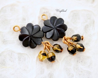 Earring Charms Faceted Czech Glass Beads Jet Black & Amber Drop Dangle 26mm Vintage German Plastic Flower - 2