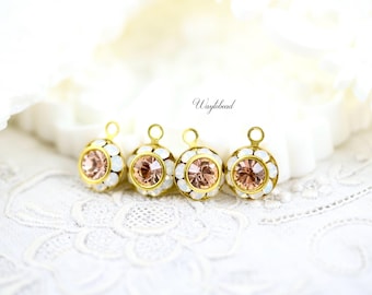 White Opal and Light Peach Two Layer Round Drop Dangle Charm Rhinestone Connectors Links - 4