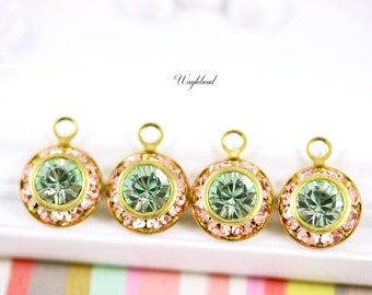 Light Peach & Chrysolite Vintage Two Layer Austrian Crystal Round Drop Dangle Charm Rhinestone Connectors Links - 4