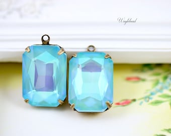 Glass Octagon Aquamarine Shimmer 18x13mm Set Stones Pendant Charm Connector Link Raw Brass Settings - 2