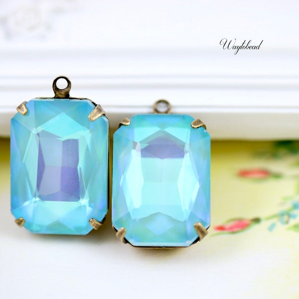 Glass Octagon Aquamarine Shimmer 18x13mm Set Stones Pendant Charm Connector Link Raw Brass Settings - 2