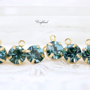 Smoked Sapphire 6mm Preciosa Crystal Single Set Rhinestone Drops Raw Brass Connector Link - 6