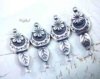 Botanical Flower Leaf Antiqued Silver Filled 2 Ring Connectors Links - 2