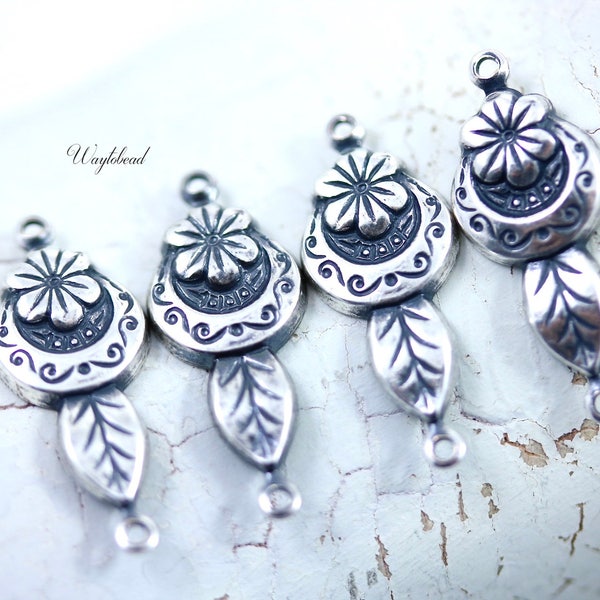 Botanical Flower Leaf Antiqued Silver Filled 2 Ring Connectors Links - 2