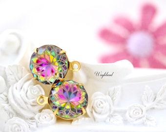 Flower Floral Glass Vitrail Medium Round Stones 10mm Raw Brass Pendant Charm Connector - 2