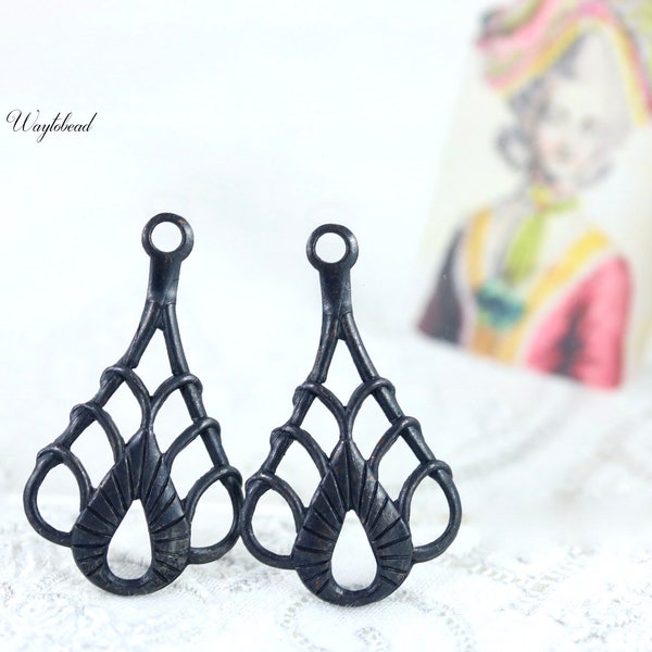 Lace Filigree Basket Matte Black Charms 31x18mm Georgian Victorian Connectors Links  - 8