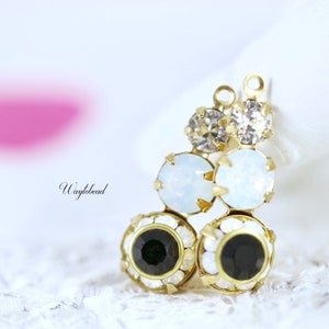 Earring Dangle Vintage Austrian Crystal Raw Brass Crystal Clear White Opal & Jet Black 23mm Charms 1 Loop - 2