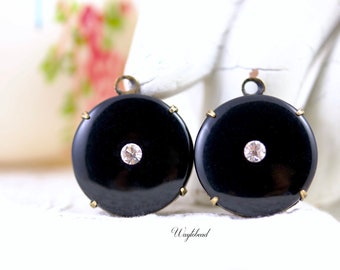 German Plastic Cabochon Crystal Clear Rhinestone & Jet Black Charm Vintage Round  18mm Pendant Set Stones Brass Settings - 2
