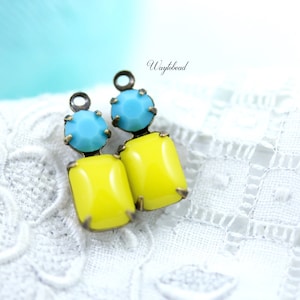 Lemon Yellow & Turquoise 16x6mm Vintage Glass Charms Octagon Connector Set Stones Brass Prong Settings - 2