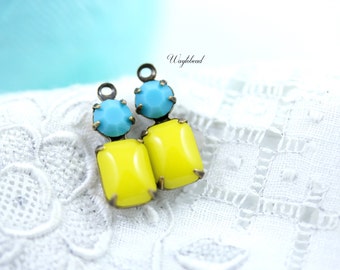 Lemon Yellow & Turquoise 16x6mm Vintage Glass Charms Octagon Connector Set Stones Brass Prong Settings - 2