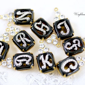 Alfabeto Vintage Marcasita Piedra Octágono Cristales de Austria 1 Anillo Ajustes de Latón Crudo 21x10mm Negro y Cristal - 2