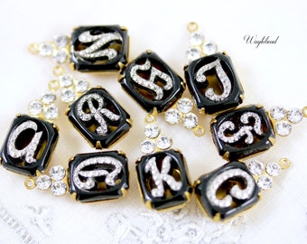 Vintage Alphabet Marcasite Octagon Stone Austria Crystals 1 Ring Raw Brass Settings 21x10mm Black & Crystal - 2