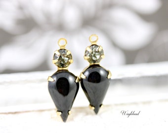 Black Diamond & Jet 21x8mm Connectors Vintage Rhinestone Teardrop Set Stones Brass Settings - 2