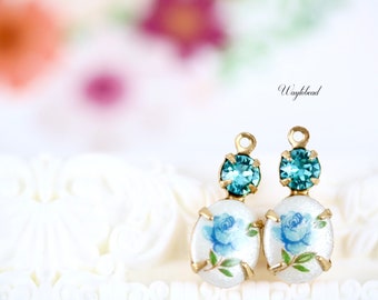 Light Turquoise & Blue Flower Austrian Crystal 18x8mm Set Stones Earring Drops Vintage Oval Rose Stones 1 Ring Brass Prong Settings - 2