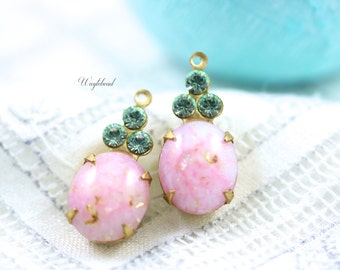 Vintage Glass Oval Stone Austrian Crystals 1 Ring Rhinestone Dangles Brass Settings 22x10mm Pink & Chrysolite - 2