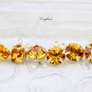 Topaz 6mm Preciosa Crystal Single Set Rhinestone Drops Raw Brass Connector Link - 6