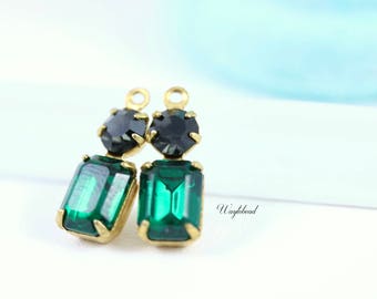 Rhinestone Connector Vintage Octagon Stone Austrian Crystal Set Stone Brass Settings 16x6mm Emerald & Morion - 2