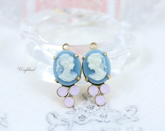 Austrian Crystals Vintage Oval Woman Cameo 1 Ring Rhinestone Dangles Brass Settings 19x8mm Light Blue & Rose Water Opal - 2