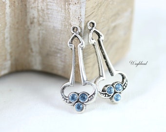 Art Deco Style Charms Earring Dangles Austrian Crystals 12x27mm Trefoil Aquamarine Antique Silver - 2