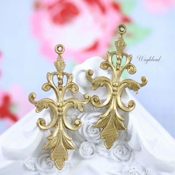 Vintage Style Art Nouveau Raw Brass Floral VIne Charms 37x18mm Pendants Drops - 2