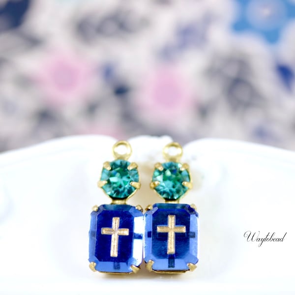 Light Turquoise & Sapphire Cross Intaglio 16x6mm German Glass Vintage Octagon Hand Gilded Gold Religious Earring Drops Connectors - 2