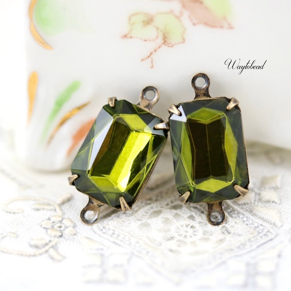 Green Olivine Single Set Stone 14x10mm Set Stones Pendant Connector Link Vintage Austrian Glass Octagon Raw Brass Settings  - 2