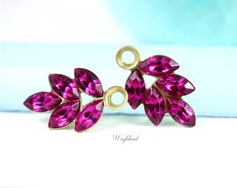 Vintage Austrian Crystal Rhinestone Leaf Pink 21x11mm Drops Charm Dangles Set Stones Fuchsia - 2