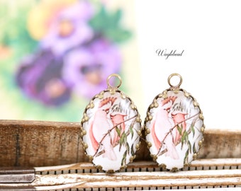 Pink Parrots Courting Bird Couple Oval Glass Cabochon Vintage Style 18x13mm Single Set Stones Charms Pendant - 2