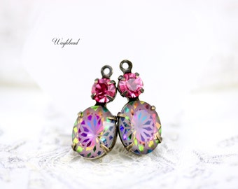 Rose Pink & Vitrail Medium Floral Glass Dangles Flower Set Stones 1 Ring 18x8mm Connectors Brass Settings Iridescent - 2