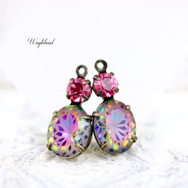 Rose Pink & Vitrail Medium Floral Glass Dangles Flower Set Stones 1 Ring 18x8mm Connectors Brass Settings Iridescent - 2