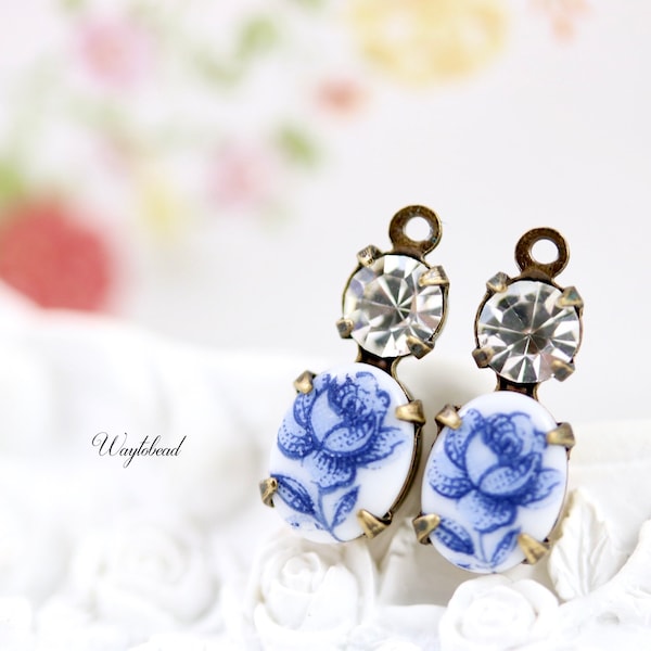 Dutch Delftware Style Crystal Clear & Blue Austrian 16x6mm Earring Drops Vintage Oval Rose Flower Cabochon 1 Ring Brass Settings - 2