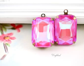 Rose Pink Shimmer 18x13mm Pendant Charm Glass Octagon Shimmer Set Stones Connector Link Raw Brass Settings - 2