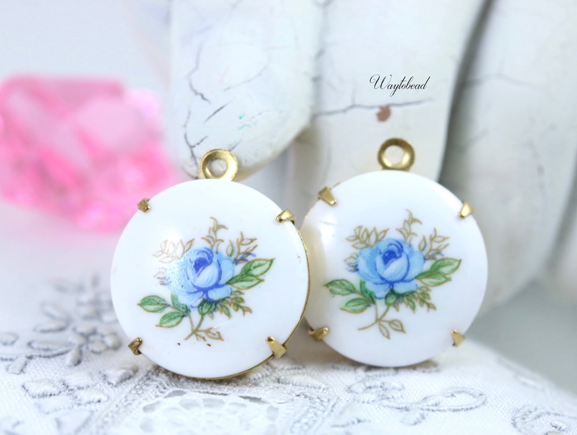Blue Rose Porcelain Charm Vintage Round Pendant Set Stones Etsy