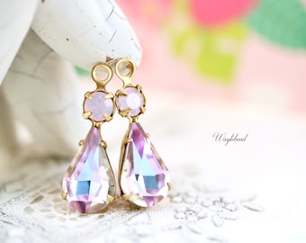 Rose Opal & Vitrail Light Glass Drops Pear Shaped 23x8mm Set Stones 1 Ring Raw Brass Settings - 2