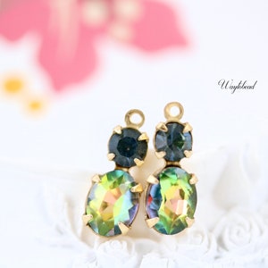 Drop Vintage Austrian Vitrail Dark & Vitrail Medium 16x6mm Set Stones Earring Dangle Oval 1 Ring Brass Settings - 2