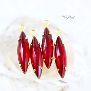 Vintage German Faceted Unfoiled Glass Navette Stones 1 Ring Brass Settings Earring Drops 15x4mm Siam Red Single Set Stones - 4