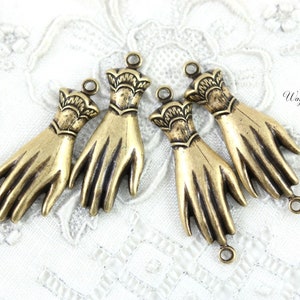 Victorian Cuff Hand Antique Ox Brass Charm 2 Loop Connectors Edwardian Links Earring Charms Dangles - 4