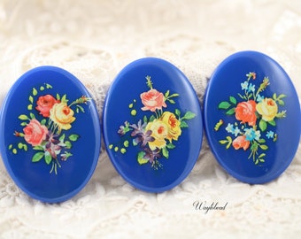 40x30mm Blue Vintage Oval Flower Bouquet Cabochon - 1