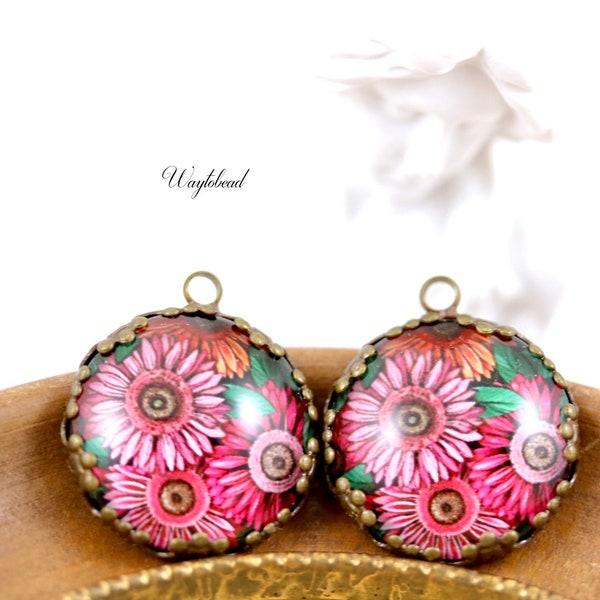 Fuchsia Dahlia Vintage Style Pink Flower Floral Cabochon 21mm Round Single Set Stones Spring Charms Pendant - 2