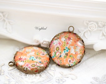 Orange Pink Blue Yellow Floral Cabochon 21mm Vintage Style Round Single Set Stones Flower Charms Pendant - 2