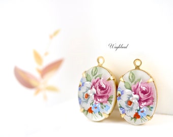 Paars blauw Wit & Frosted Matte Crystal Flower Bouquet Vintage Ovale Cameo Connectors 18x13mm Earring Charms Hanger West-Duitsland - 2