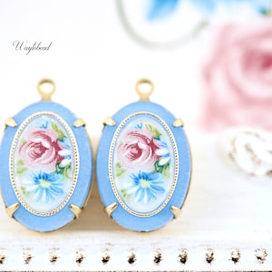 Vintage Oval Cameo Frosted Matte Light Sapphire Pink Rose & Blue Lily Flower 18x13mm Gold Beaded Connector Western Germany Charm Pendant - 2