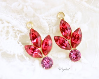 Dark Rose & Rose Pink Vintage Rhinestone 20x11mm Austrian Crystal Flower Leaf Drops Charm Dangles Jewelry Findings - 2