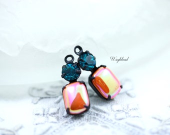 AB Tangerine Orange & Zircon Blue Earring Connector 16x6mm Vintage Octagon Stone and Austrian Crystal Black Antique Brass Settings - 2