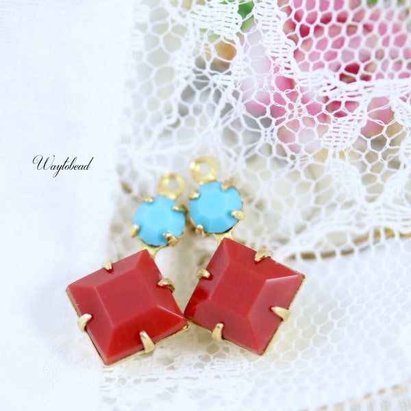 Square Vintage Glass Dangles 1 Ring Set Stones Drops 18x11mm Brass Settings Red & Turquoise - 2