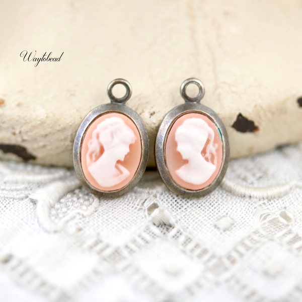Very Tiny Angel Skin Pink & White Woman Cameo Lady Oval Charm Drops Set Stones Antique Silver Plated Brass Settings - 2